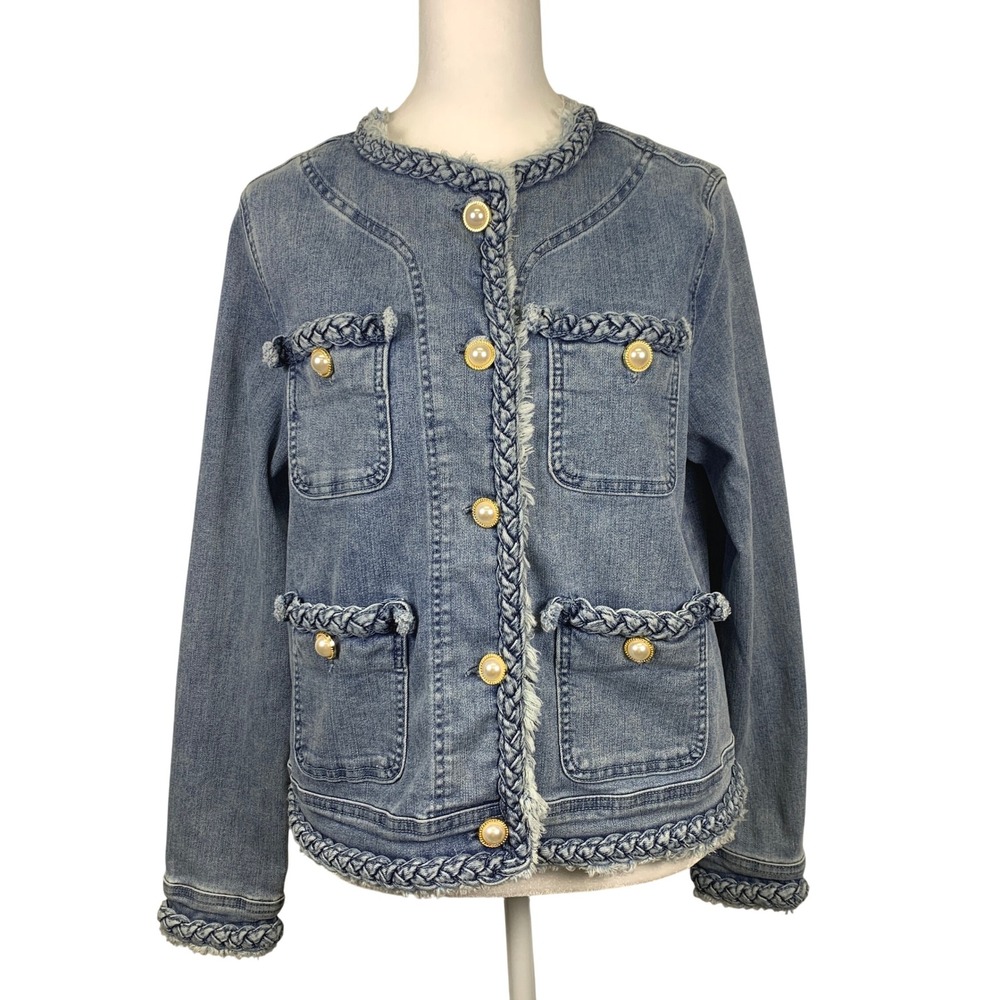 Lisette LMontreal Denim Pearl Button Braided Trim Jean Jacket Size Small